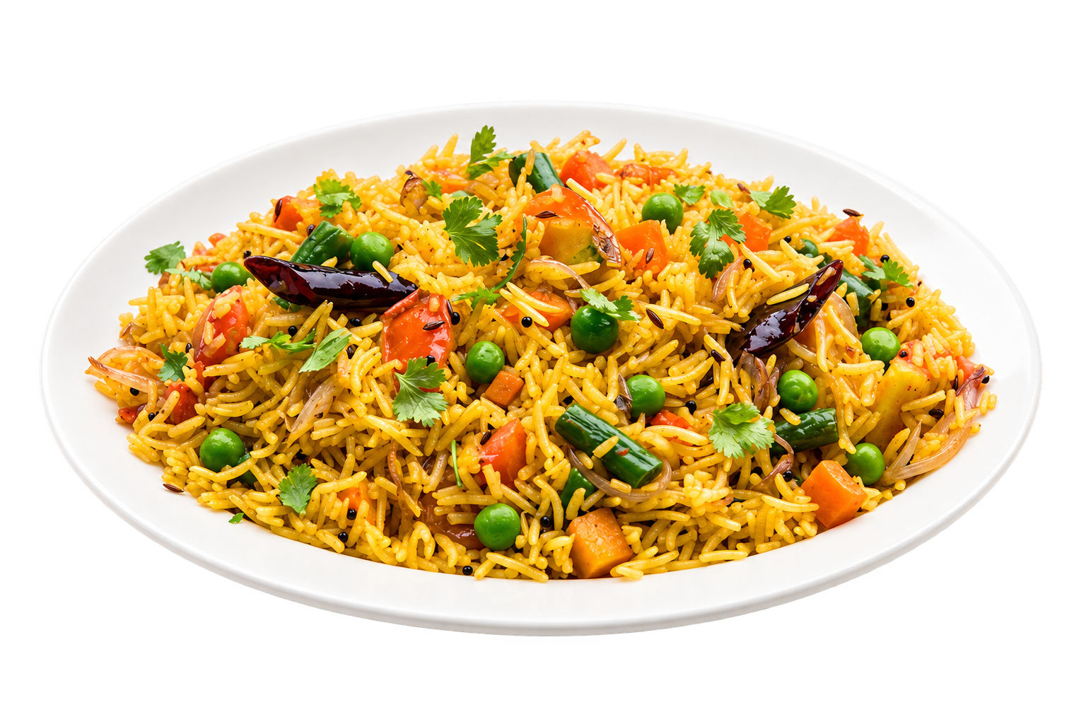 Fragrant Kenyan pilau rice with vegetables on a white plate