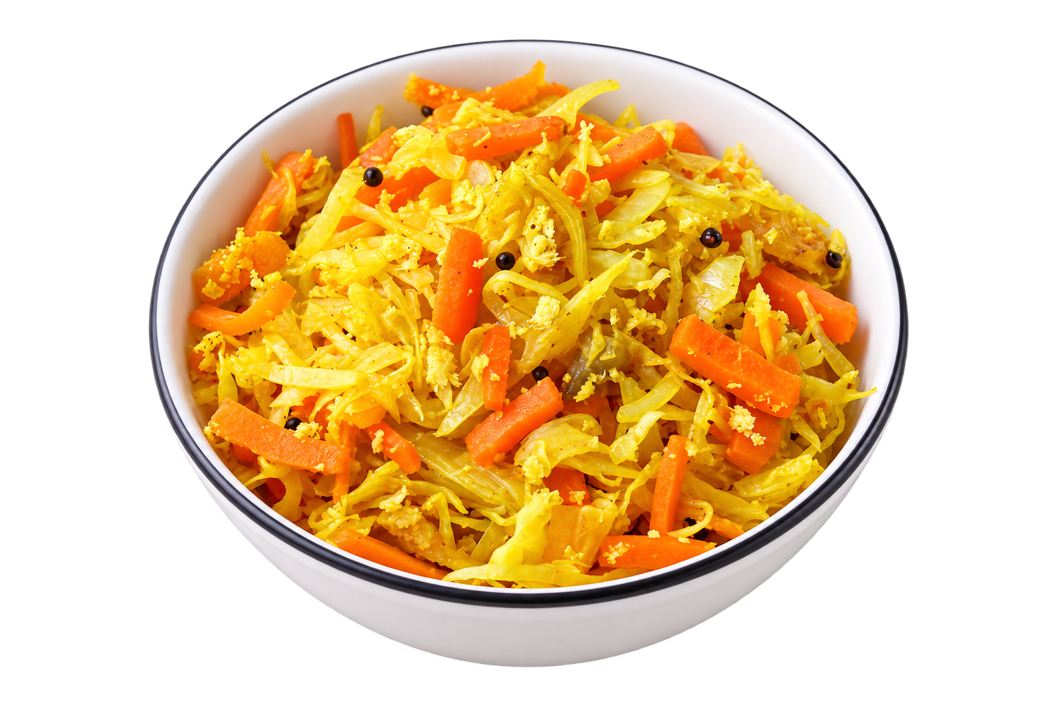 Curry cabbage with turmeric, carrots and coconut in a white bowl