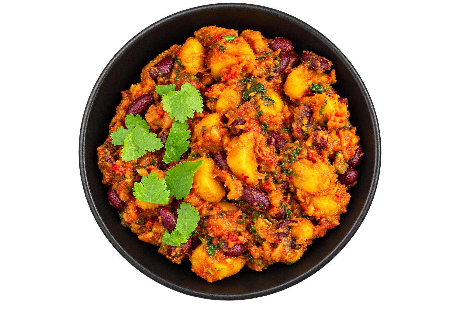 Plantain stew (matoke) with beans, tomato and coriander in a dark bowl