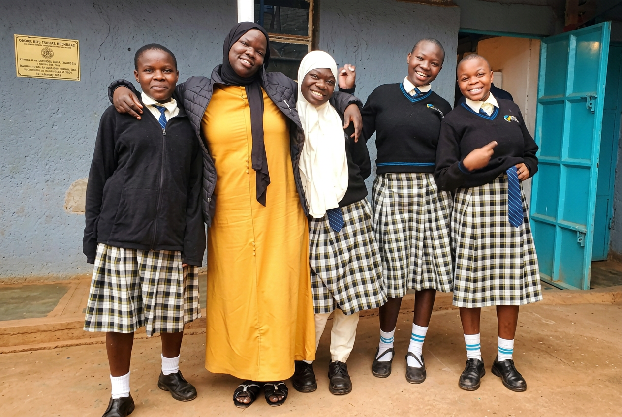 KGSA students in school uniform standing with a teacher outside the school