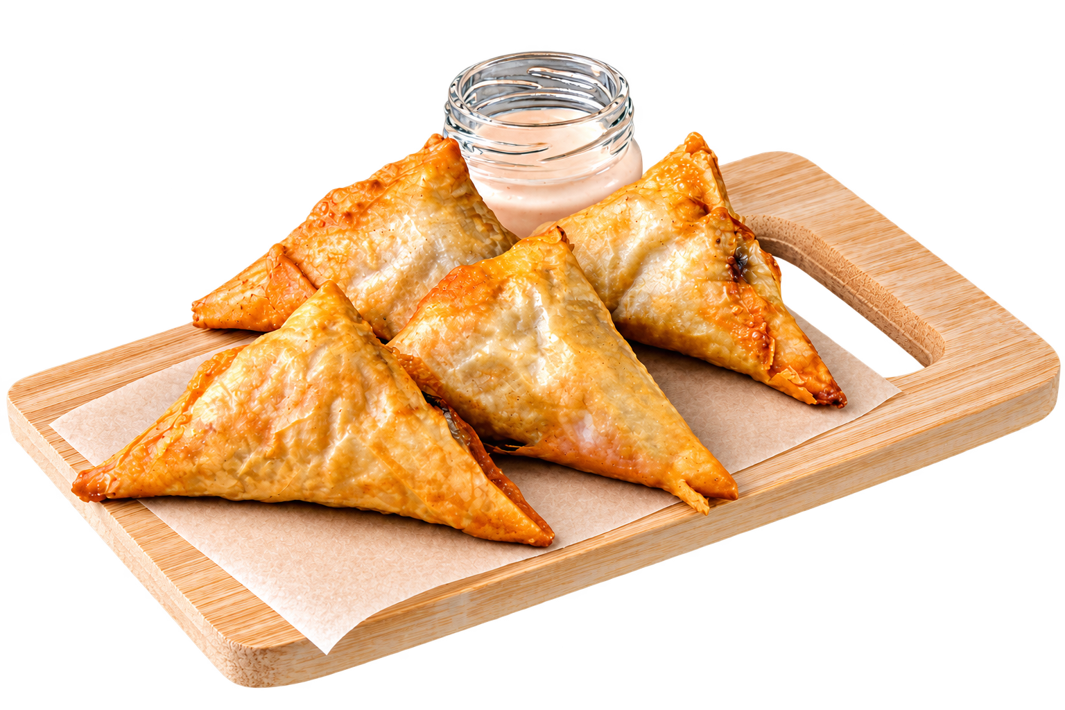 Hand-folded sambusas on a wooden board with house herb sauce