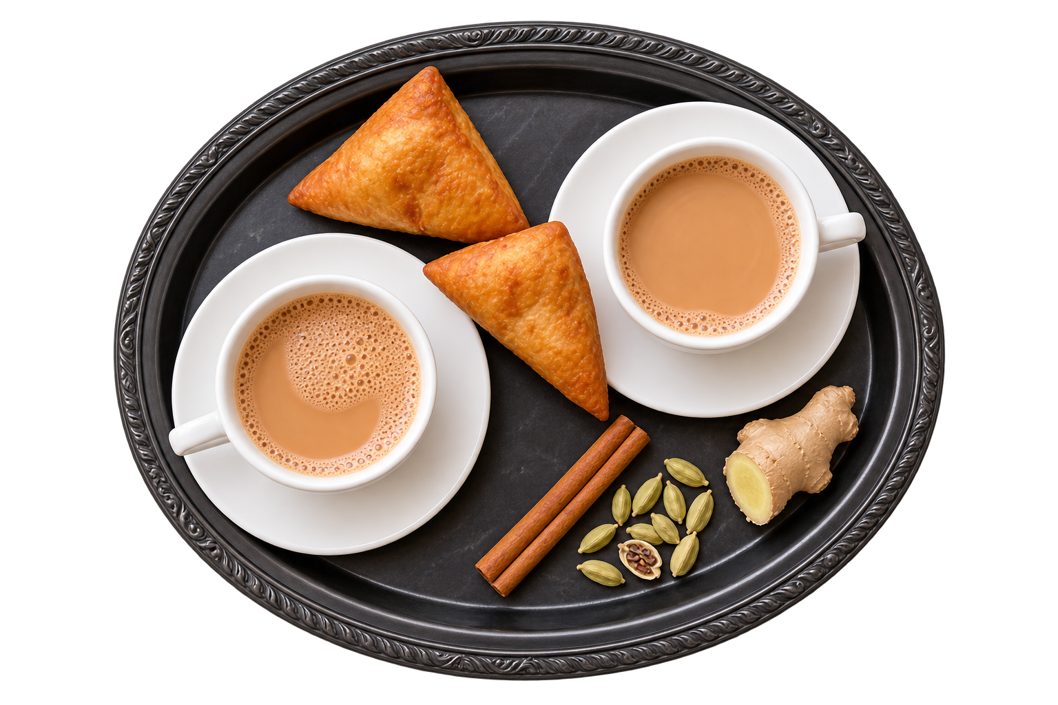 Two cups of Kenyan chai on a dark tray with sambusas, cinnamon, cardamom and ginger
