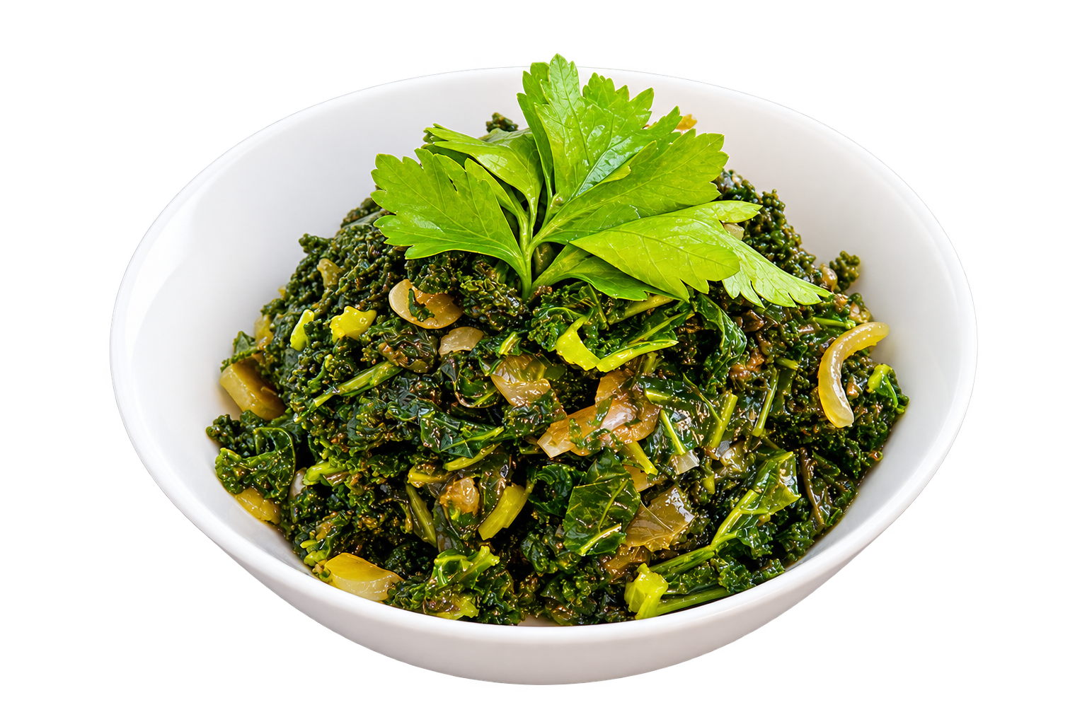 Sukuma wiki of braised collard greens with onions and parsley in a white bowl