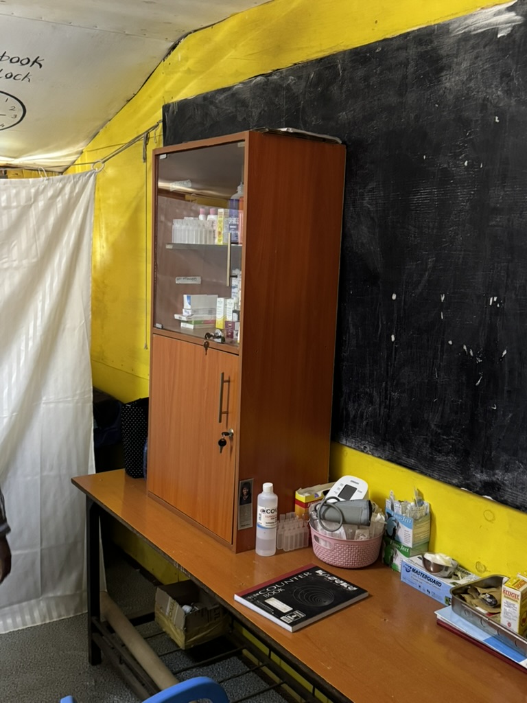 Medicine cabinet and supplies in the KGSA health room