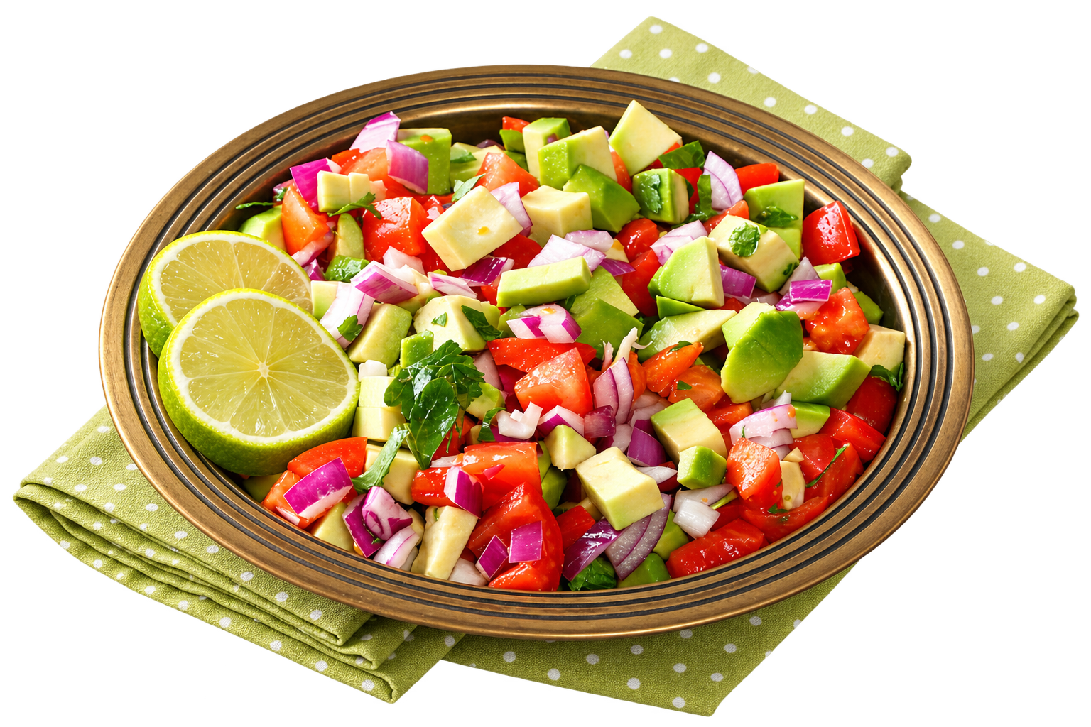 Kachumbari of tomato, red onion, avocado and coriander with lime in a copper dish