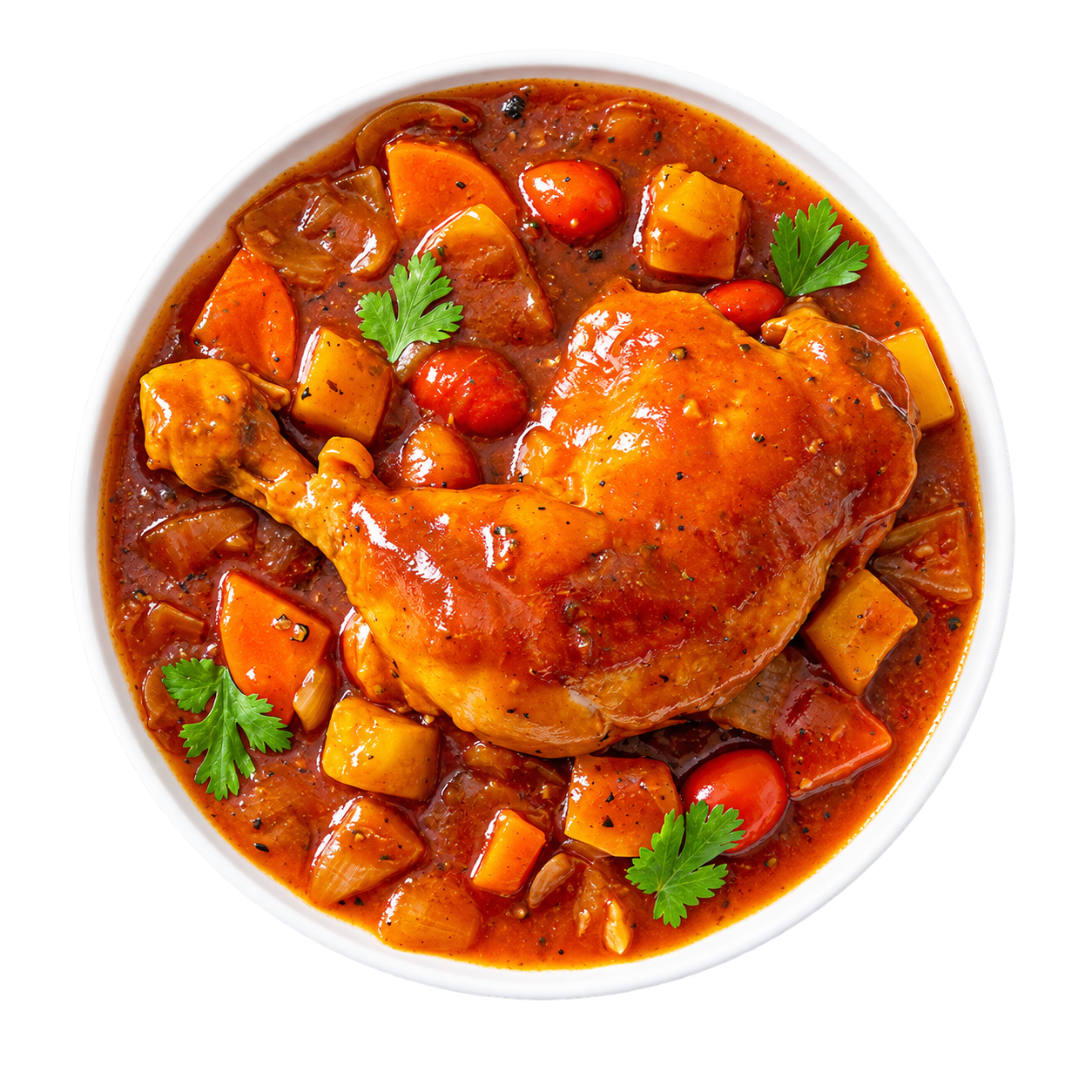 Kenyan chicken stew with tomatoes, potatoes and herbs in a white bowl