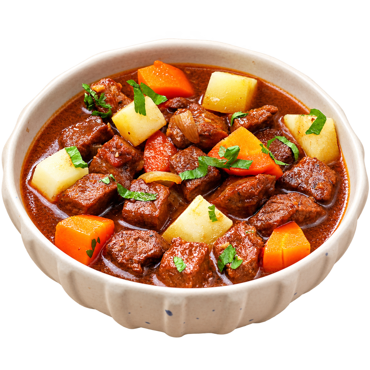 Kenyan beef stew with potatoes, carrots and coriander in a fluted bowl