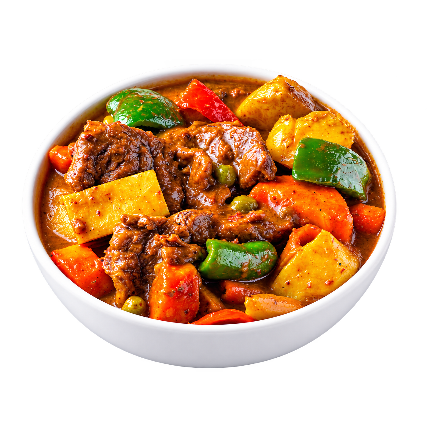 Bone-in goat stew with peppers, carrots and potatoes in a white bowl